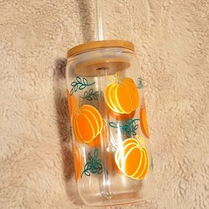 Pumpkins Can Glass 16 oz with Bamboo Lid & Straw